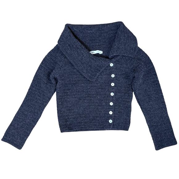 Zara Rustic Knitwear Top Shawl Collar Sweater Button Up Size Small Navy Blue - Picture 4 of 9